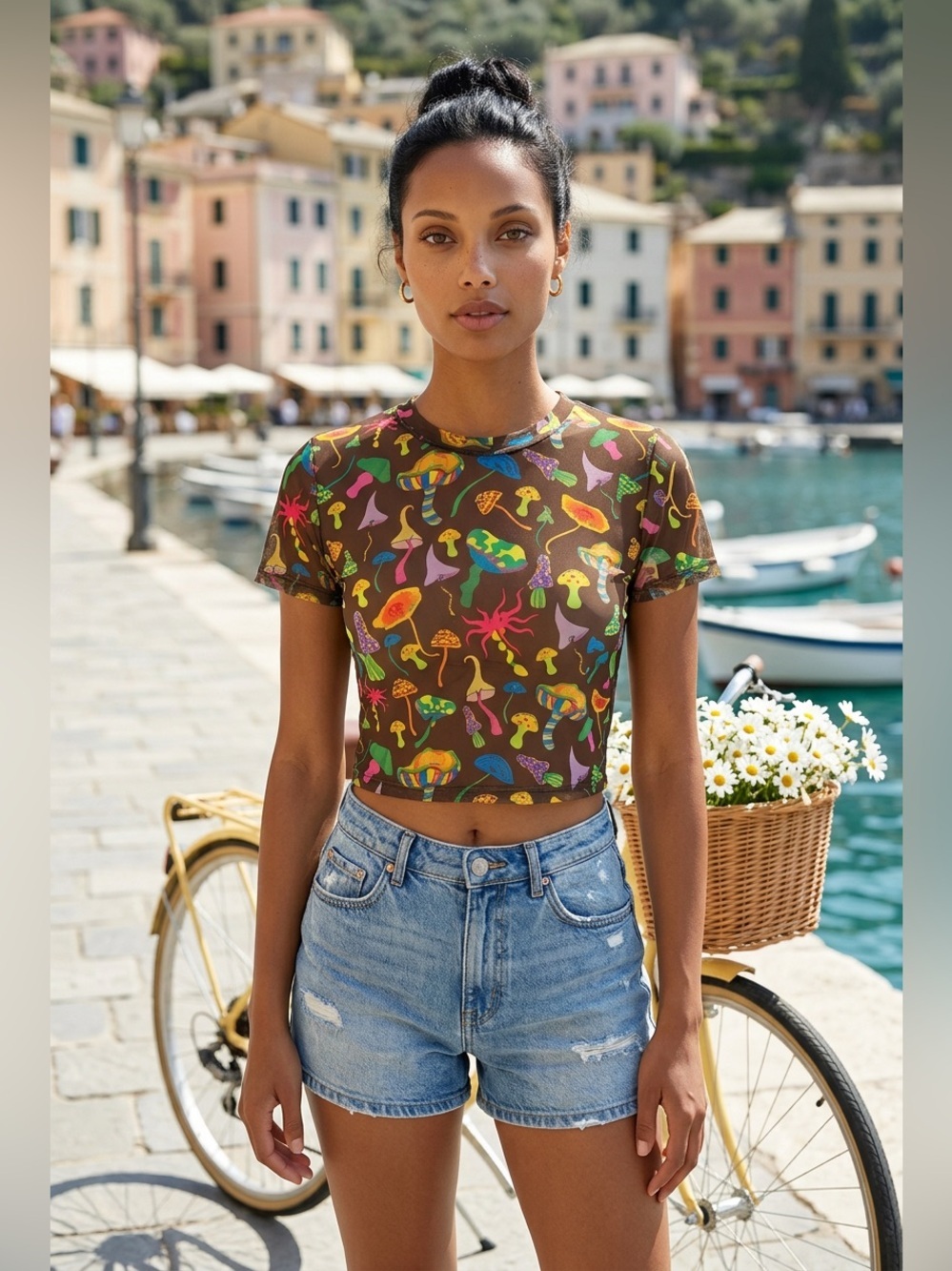 NWT WoWo Women’s Teens Brown Mesh Mushroom Print Crop Top - Size Large